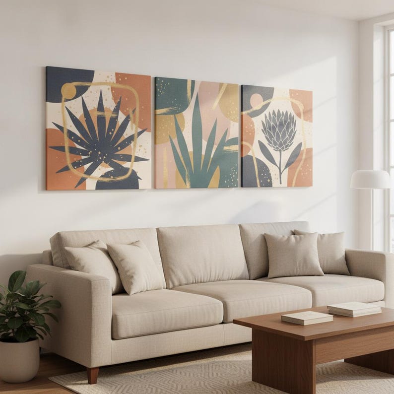 Desert Bloom Set of 3 Botanical Canvas Prints, Abstract Boho Wall Art Gallery Set for Living Room, 3 Piece Print Set image 7