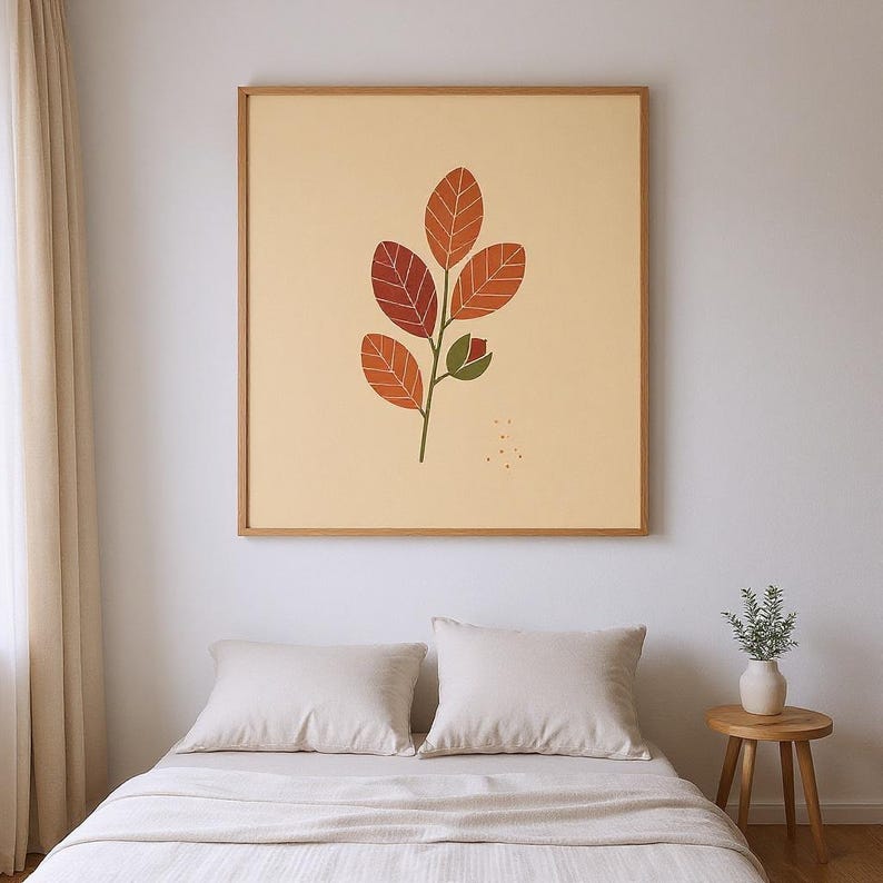 Beech Leaf Botanical Wall Art Print, Abstract Boho Canvas for Living Room, Oxblood Red Decor | English Hedgerow Collection image 3