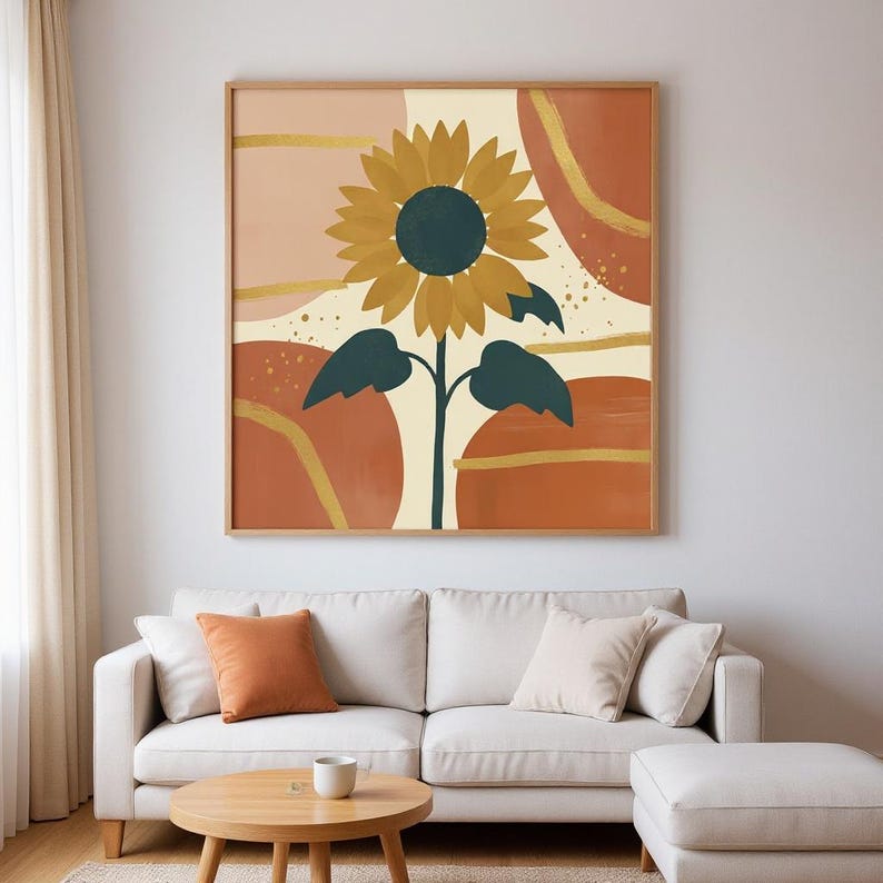 Lámina decorativa botánica de girasoles para pared, lienzo abstracto estilo boho para sala de estar, decoración en oro mostaza / Colección de verano imagen 1