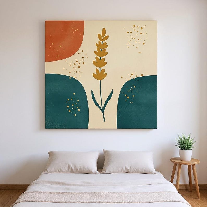 Botaniczny wydruk ścienny z motywem lawendy, abstrakcyjne płótno w stylu boho do salonu, dekoracja w kolorze musztardowego złota | Kolekcja Midsummer zdjęcie 3