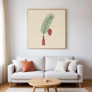 White Pine Cone & Tassel Wall Art Print | Maine State Flower Canvas, Abstract Boho Botanical Decor, Sage Green Living Room Art image 1