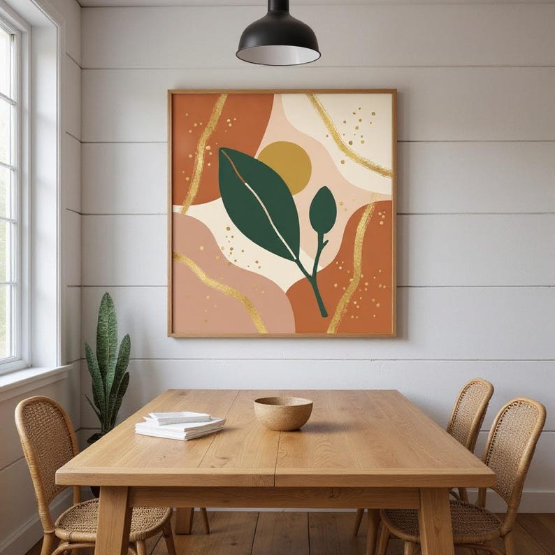 Magnolia Branch Botanical Wall Art Print, Abstract Boho Canvas for Living Room, Navy Boho Decor | Mediterranean Grove Collection image 6