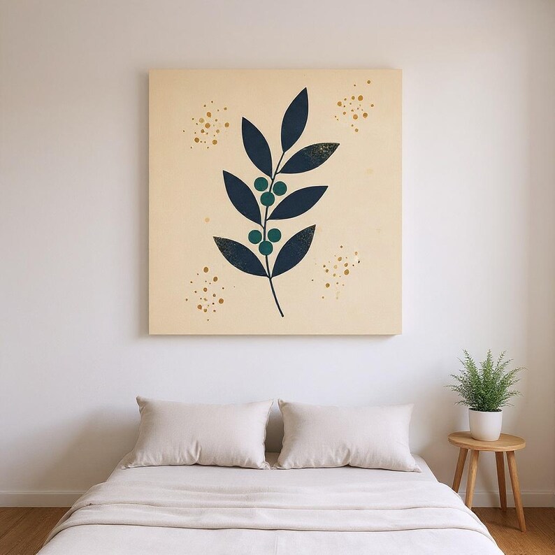 Holly Berry Stem Poster Print | Abstract Boho Botanical Wall Art, Navy Leaf Bedroom Decor | Winter Grove Collection image 3