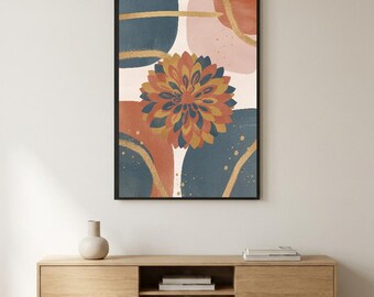 Abstract Dahlia Botanical Print, Terracotta Navy Blush Gold, Framed Wall Art (Black/White/Oak)