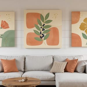 Pazifikküste Zustand Blumen 3er-Set | Abstrakte Boho Leinwanddrucke, botanische Kunst Galerie-Set, Salbeigrün Dekor Bild 1