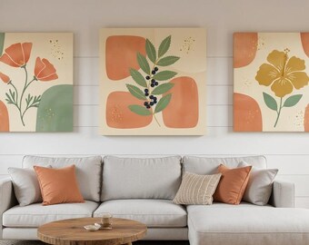Pacific Coast State Flowers Set of 3 | Abstract Boho Canvas Prints, Botanical Wall Art Gallery Set, Sage Green Decor