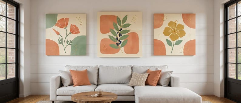 Pazifikküste Zustand Blumen 3er-Set | Abstrakte Boho Leinwanddrucke, botanische Kunst Galerie-Set, Salbeigrün Dekor Bild 1