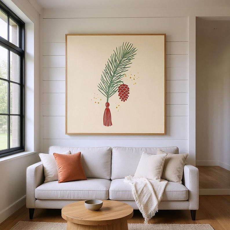 White Pine Cone & Tassel Wall Art Print | Maine State Flower Canvas, Abstract Boho Botanical Decor, Sage Green Living Room Art image 5