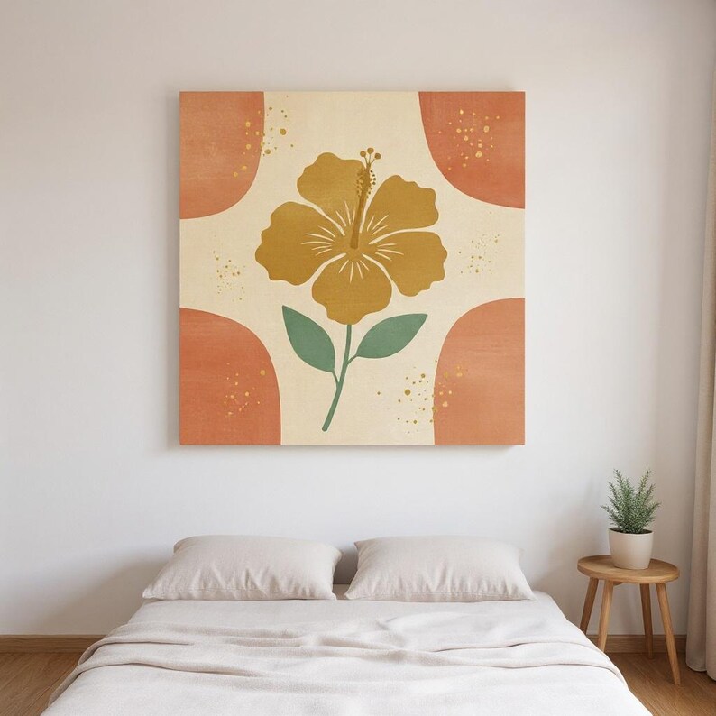 Hawaiian Yellow Hibiscus Wall Art Print | Hawaii State Flower Canvas, Abstract Boho Botanical Decor, Warm Coral Living Room Art image 3