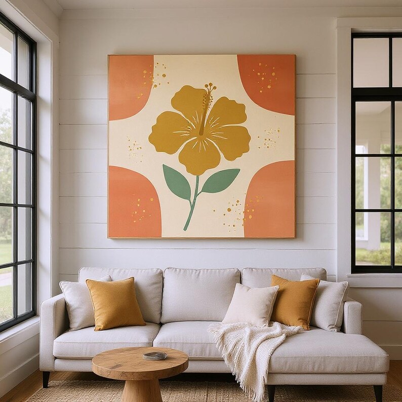 Hawaiian Yellow Hibiscus Wall Art Print | Hawaii State Flower Canvas, Abstract Boho Botanical Decor, Warm Coral Living Room Art image 5