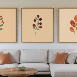 English Hedgerow Set of 3 Botanical Canvas Prints, Abstract Boho Wall Art Gallery Set for Living Room, 3 Piece Print Set image 1