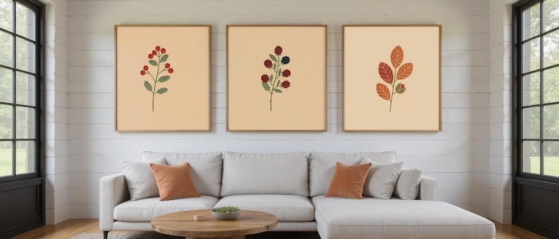 English Hedgerow Set of 3 Botanical Canvas Prints, Abstract Boho Wall Art Gallery Set for Living Room, 3 Piece Print Set image 1
