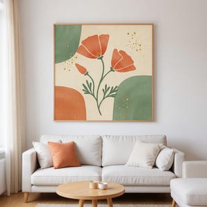 Plakat z kalifornijskim złotym makiem | Kwiatowa sztuka ścienna w stylu kalifornijskim, abstrakcyjny wystrój boho botaniczny, salon