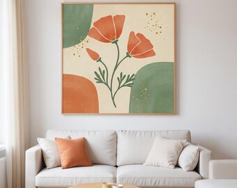 California Golden Poppy Poster Print | California State Flower Wall Art, Abstract Boho Botanical Decor, Living Room