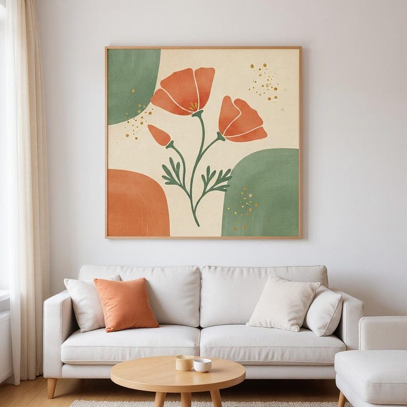 California Golden Poppy Poster Print | California State Flower Wall Art, Abstract Boho Botanical Decor, Living Room image 1