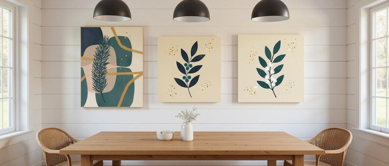 Conjunto de 3 lienzos con estampados botánicos Winter Grove, arte abstracto bohemio para pared, ideal para dormitorio. imagen 5