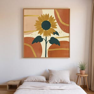 Lámina con estampado de girasoles / Arte mural botánico abstracto estilo boho, decoración para sala de estar en color mostaza y dorado / Colección de verano imagen 3