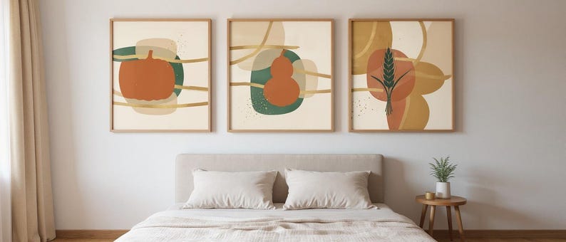 Plakat z dynią | Abstrakcyjna sztuka ścienna w stylu boho, botaniczna, spalone pomarańczowe dekoracje do salonu | Kolekcja dyniowych łatek zdjęcie 7