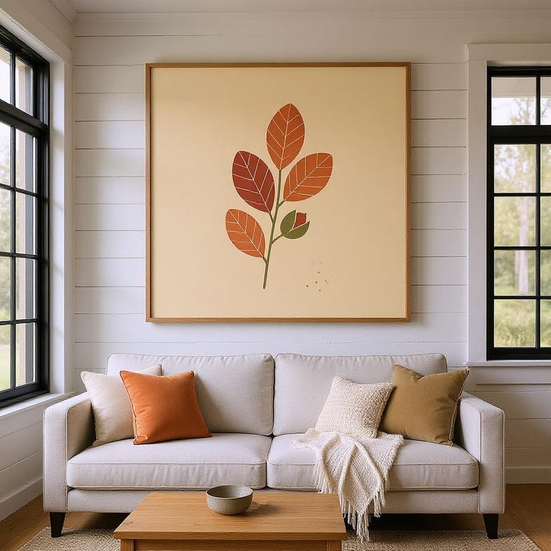 Beech Leaf Botanical Wall Art Print, Abstract Boho Canvas for Living Room, Oxblood Red Decor | English Hedgerow Collection image 5