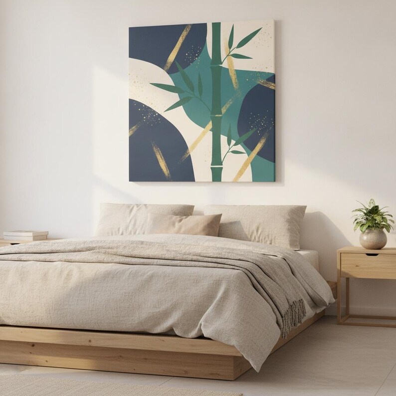 Bambus Poster Kunstdruck | Abstrakte botanische Wandkunst, marineblaue Blatt Schlafzimmer Dekor | Quiet Botanicals Kollektion Bild 3