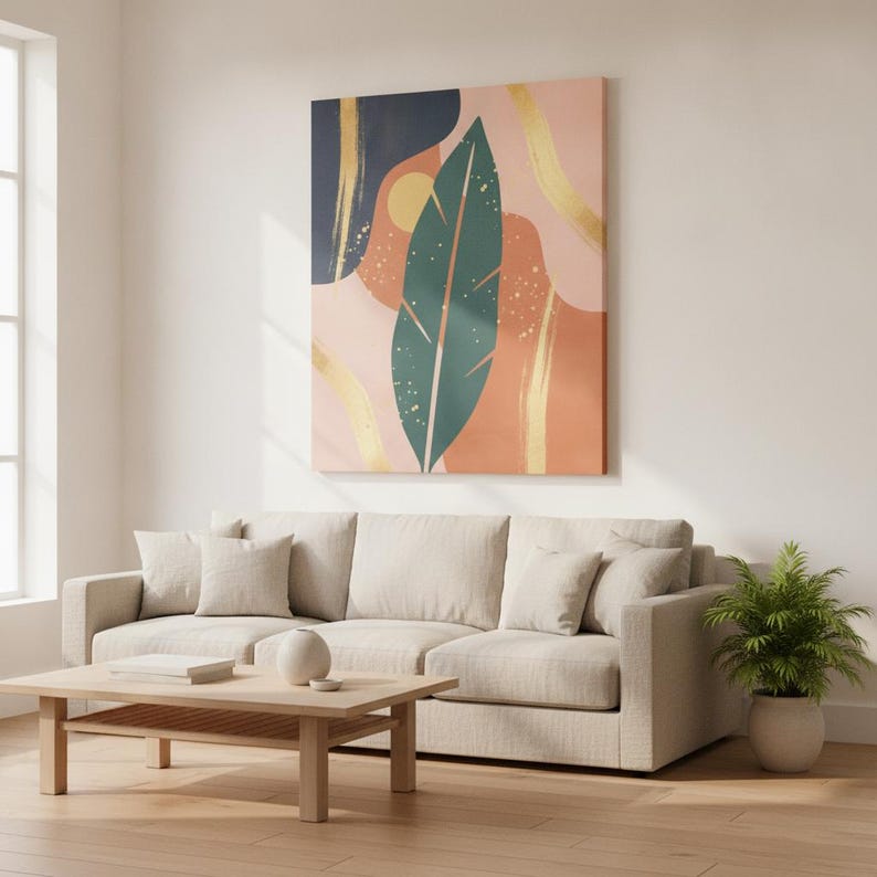 Gemberblad botanische muurkunst print, abstract boho canvas voor woonkamer, tropisch blad kunst decor | Tropical Botanica-collectie afbeelding 1