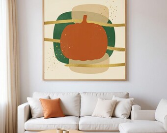 Póster de calabaza / Arte mural botánico abstracto estilo boho, decoración de sala de estar en naranja quemado / Colección Campo de Calabazas
