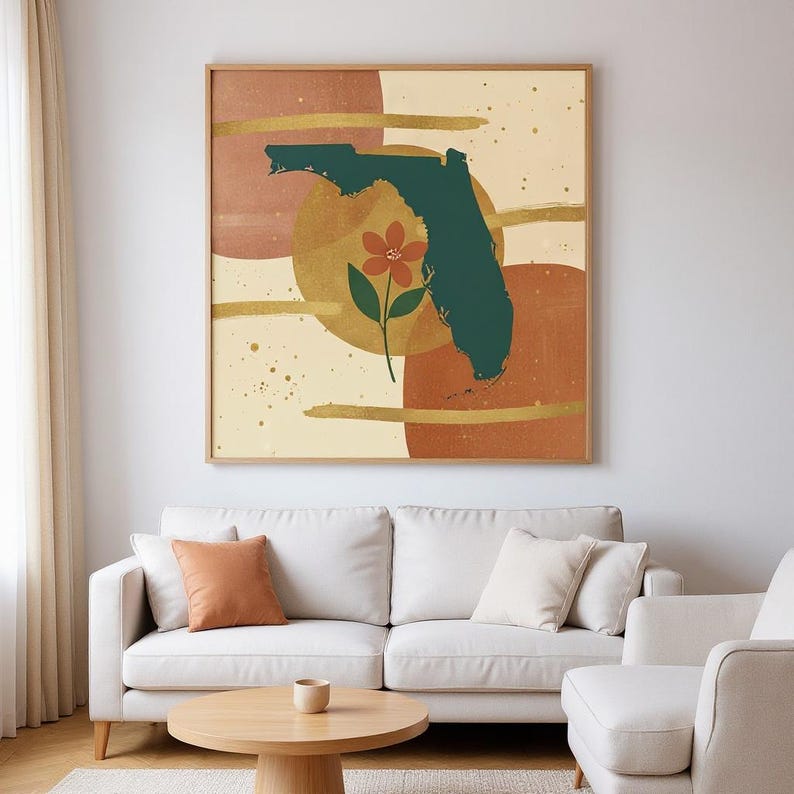 Florida Orange Blossom Wall Art Print | Florida State Flower Canvas, Abstract Boho Botanical Decor, Deep Teal Living Room Art image 1