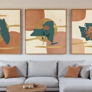 Coast to Coast State Flowers Set of 3 | Abstract Boho Canvas Prints, Botanical Wall Art Gallery Set, Deep Teal Decor image 1