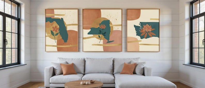 Coast to Coast State Flowers Set of 3 | Abstract Boho Canvas Prints, Botanical Wall Art Gallery Set, Deep Teal Decor image 1