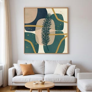 Pine Branch Botanical Wall Art Print, Abstract Boho Canvas for Living Room, Navy Leaf Decor | Winter Grove Collection image 1