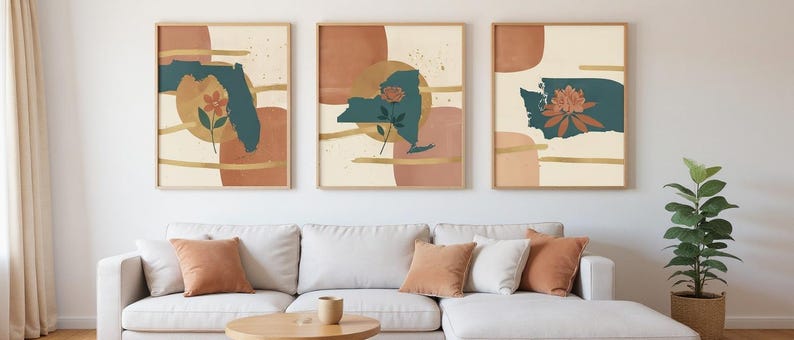 Coast to Coast State Flowers Set of 3 | Abstract Boho Canvas Prints, Botanical Wall Art Gallery Set, Deep Teal Decor image 7