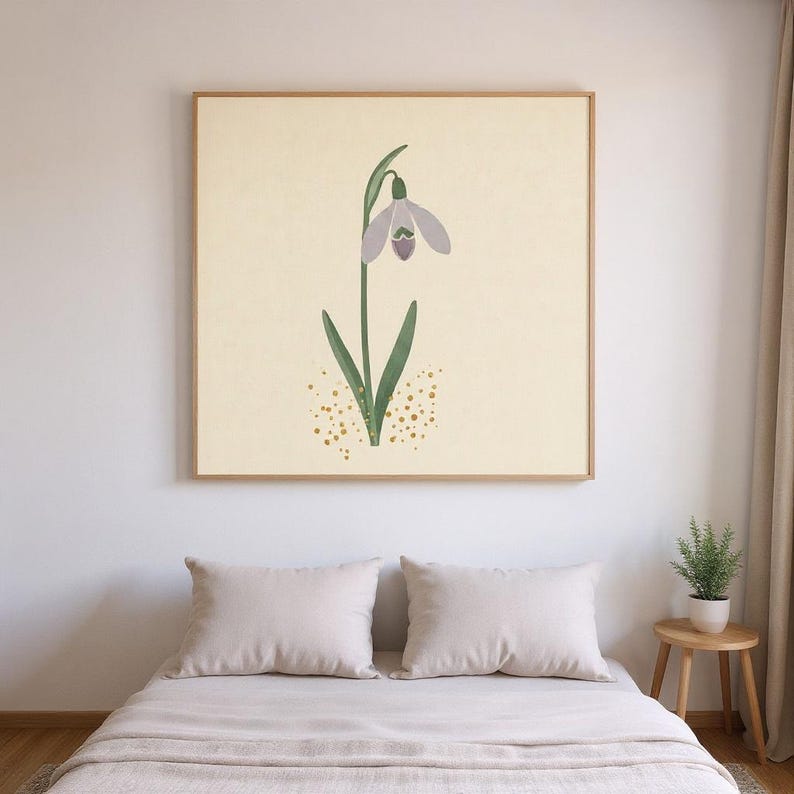 Snowdrop Botanical Wall Art Print, Abstract Boho Canvas for Bedroom, Sage Green Decor | First Thaw Collection image 3