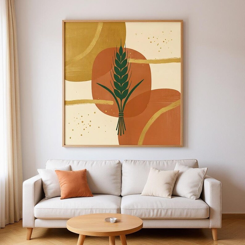 Botanischer Kunstdruck mit Weizengarbenmotiv, abstraktes Boho-Leinwandbild fürs Wohnzimmer, Dekor in gebranntem Orange | Kürbis-Kollektion Bild 4