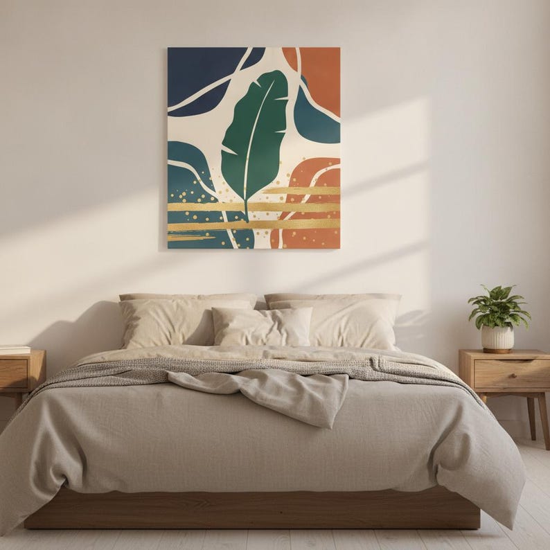 Banana Leaf Botanical Wall Art Print, Abstract Boho Canvas for Bedroom, Emerald Green Decor | Emerald Botanicals Collection image 1
