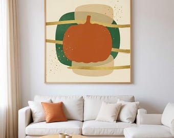 Lámina decorativa botánica de calabazas para pared, lienzo abstracto estilo boho para sala de estar, decoración en naranja quemado / Colección Pumpkin Patch