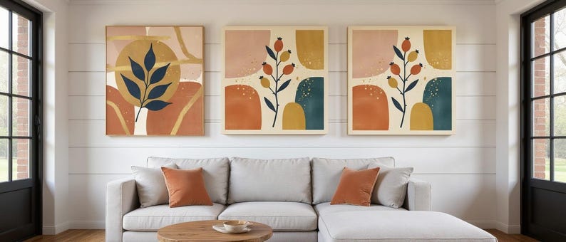 Harvest Moon Set of 3 Botanical Canvas Prints, Abstract Boho Wall Art Gallery Set for Living Room, 3 Piece Print Set image 1