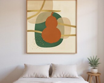 Lámina decorativa de calabaza / Arte mural botánico abstracto estilo boho, decoración de dormitorio en verde bosque / Colección Campo de Calabazas