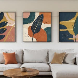Golden Hour Set of 3 Botanical Canvas Prints, Abstract Boho Wall Art Gallery Set for Living Room, 3 Piece Print Set image 1