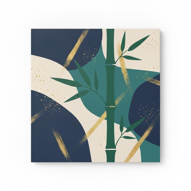 Lámina decorativa botánica de tallo de bambú, lienzo abstracto estilo boho para dormitorio o sala de estar, decoración de hojas azul marino / Colección Quiet Botanicals imagen 2