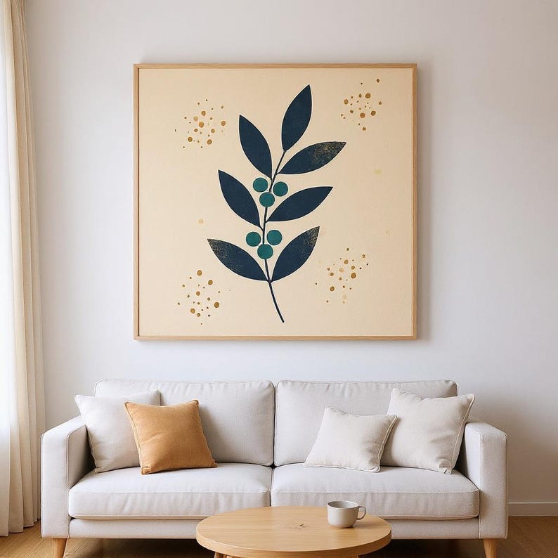 Holly Berry Stem Poster Print | Abstract Boho Botanical Wall Art, Navy Leaf Bedroom Decor | Winter Grove Collection image 4