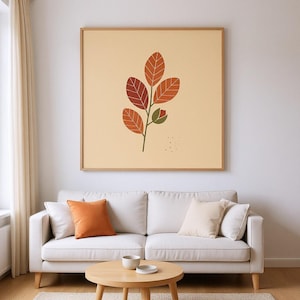 Beech Leaf Botanical Wall Art Print, Abstract Boho Canvas for Living Room, Oxblood Red Decor | English Hedgerow Collection image 1