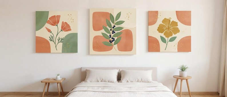 Pazifikküste Zustand Blumen 3er-Set | Abstrakte Boho Leinwanddrucke, botanische Kunst Galerie-Set, Salbeigrün Dekor Bild 6