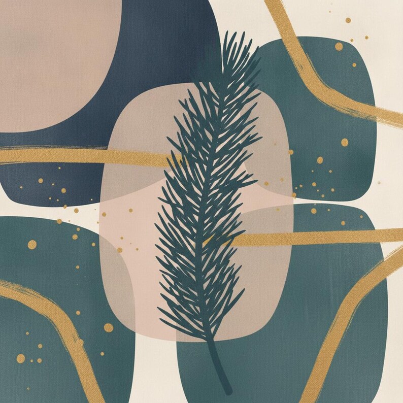 Pine Branch Botanical Wall Art Print, Abstract Boho Canvas for Living Room, Navy Leaf Decor | Winter Grove Collection image 2