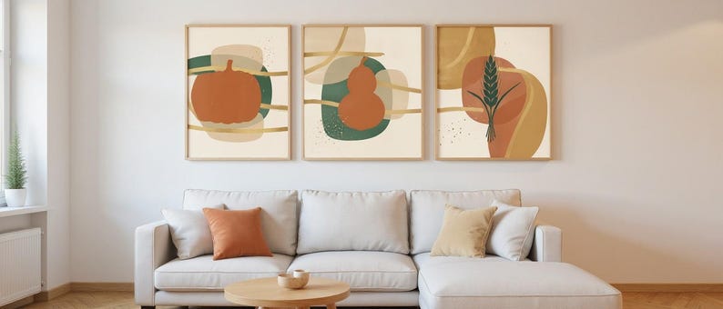 Pumpkin Patch Set of 3 Botanical Canvas Prints, Abstract Boho Wall Art Gallery Set for Bedroom, 3 Piece Print Set image 7