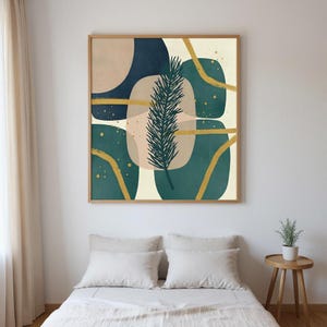 Plakat z sosnową gałęzią | Abstrakcyjna sztuka ścienna w stylu boho, granatowe liście, dekoracja salonu | Kolekcja Winter Grove zdjęcie 3