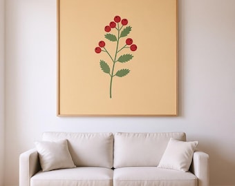 Póster de Rowan Berry / Arte mural botánico abstracto estilo boho, decoración de sala de estar en rojo burdeos / Colección English Hedgerow