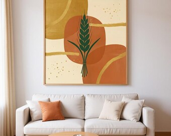 Lámina decorativa de gavilla de trigo / Arte mural botánico abstracto estilo boho, decoración de sala de estar en naranja quemado / Colección Campo de Calabazas