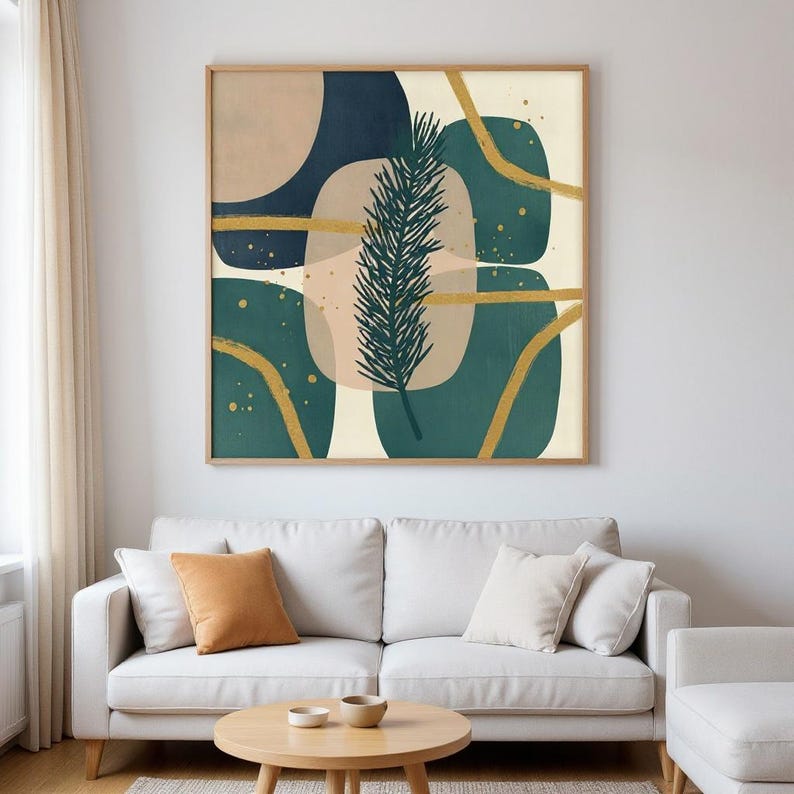 Plakat z sosnową gałęzią | Abstrakcyjna sztuka ścienna w stylu boho, granatowe liście, dekoracja salonu | Kolekcja Winter Grove zdjęcie 4
