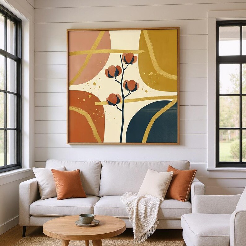 Dried Cotton Stem Poster Print | Abstract Boho Botanical Wall Art, Mustard Gold Bedroom Decor | Harvest Moon Collection image 5