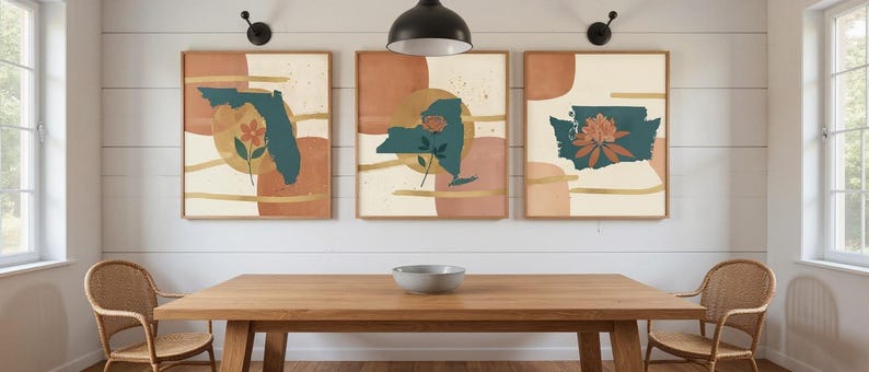 Coast to Coast State Flowers Set of 3 | Abstract Boho Canvas Prints, Botanical Wall Art Gallery Set, Deep Teal Decor image 5